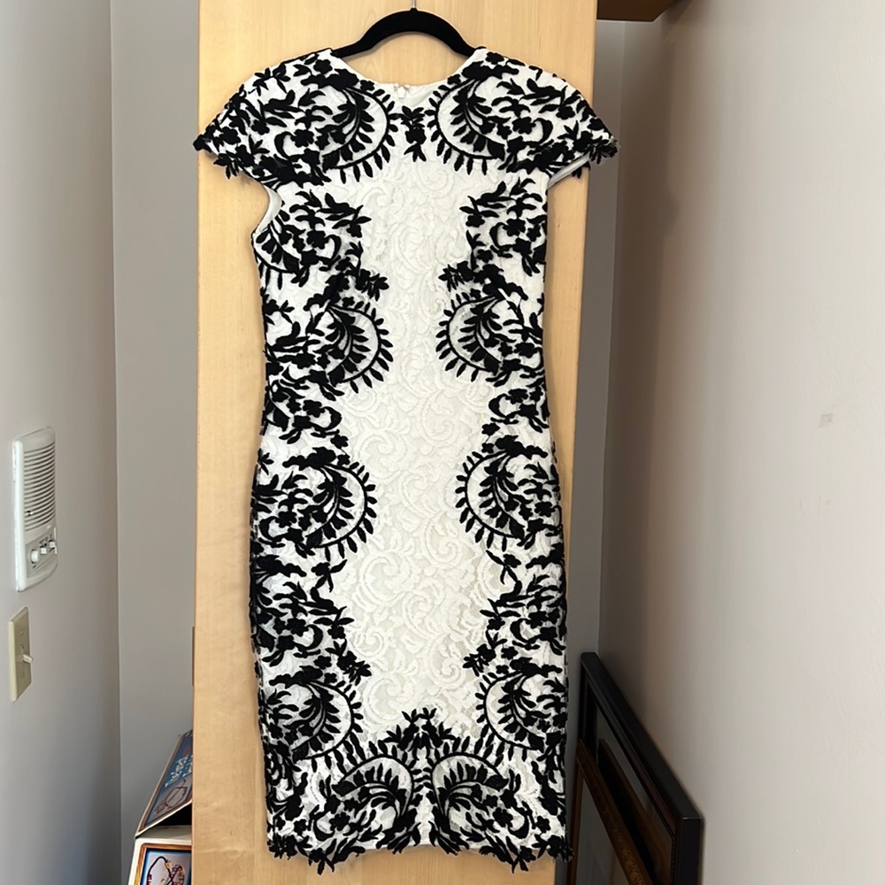 Black and white lace dress with zippered. Back and cap sleeve.
